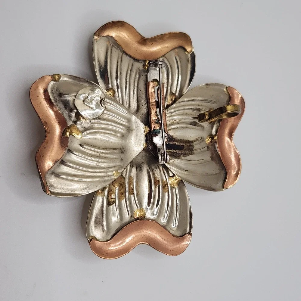 Vintage‎ Brutalist Sigh SJ Mixed Metal Dogwood Flower Brooch Pendant Taxco MCM